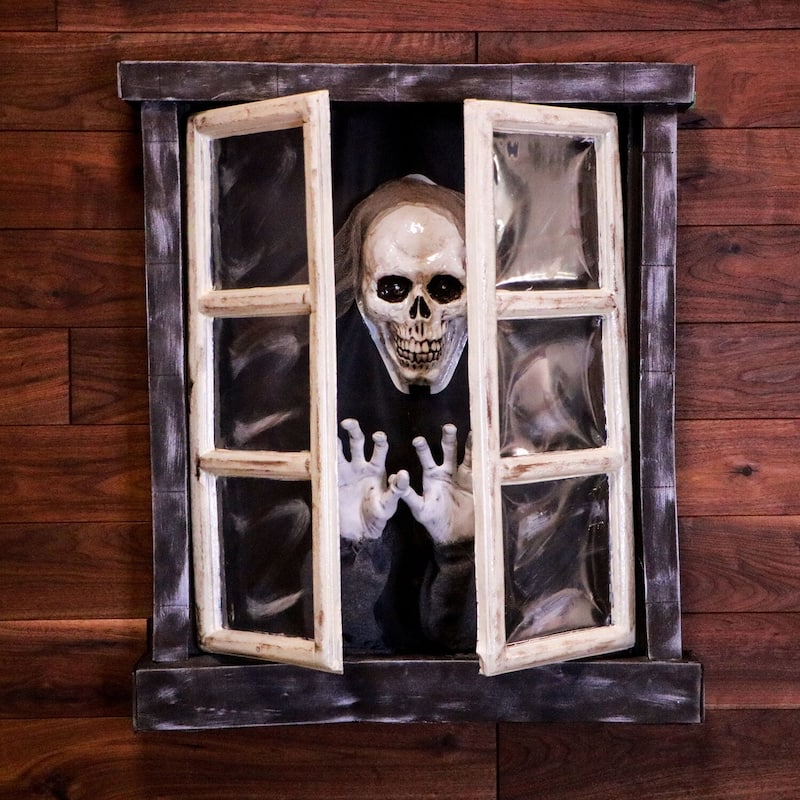 Haunted Hill Farm 2.8-ft. Animated Window with Skeleton, Indoor/Covered Outdoor Halloween Decoration, Flashing Red Eyes