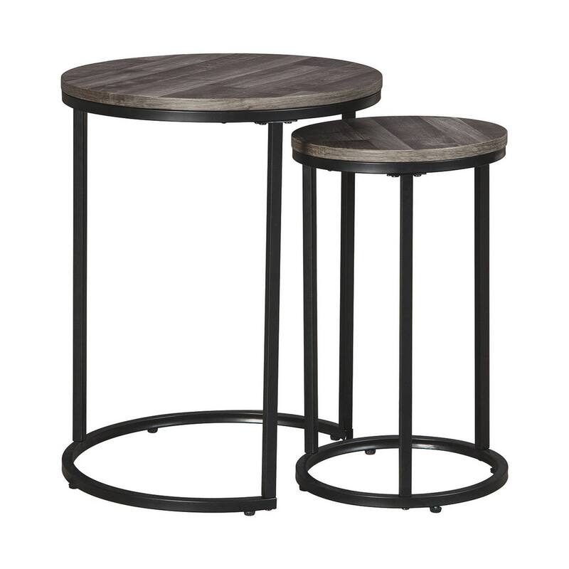 Round Wooden Top Metal Accent Table, Set of 2 - Gray and Black