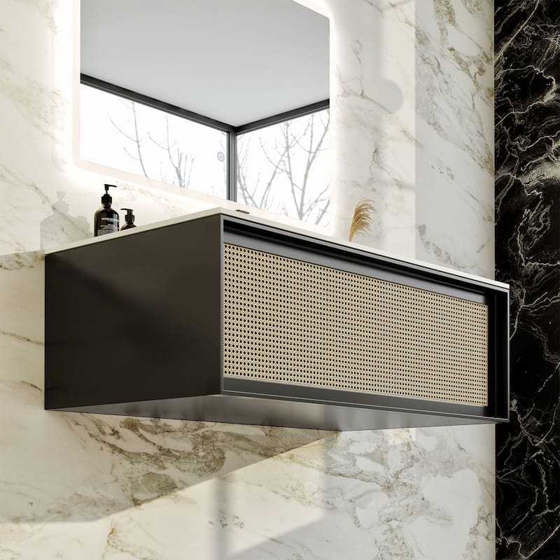 Nets 44 in. Natural Oak/Black SS Bath Vanity with Solid Surface Top