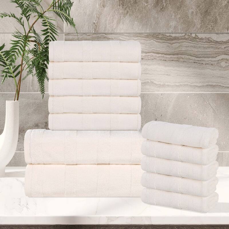 Superior Roma Cotton Assorted Ribbed Solid Towel Set of 12 - Ivory
