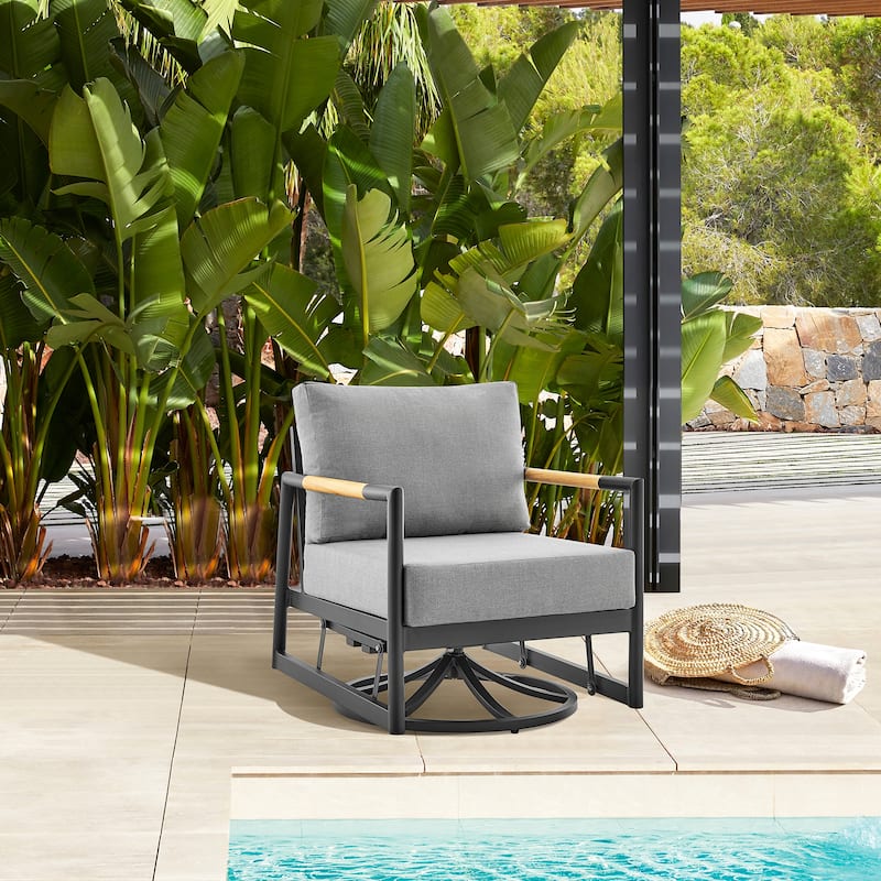 Royal Black Aluminum & Teak Outdoor Swivel Glider Club Chair