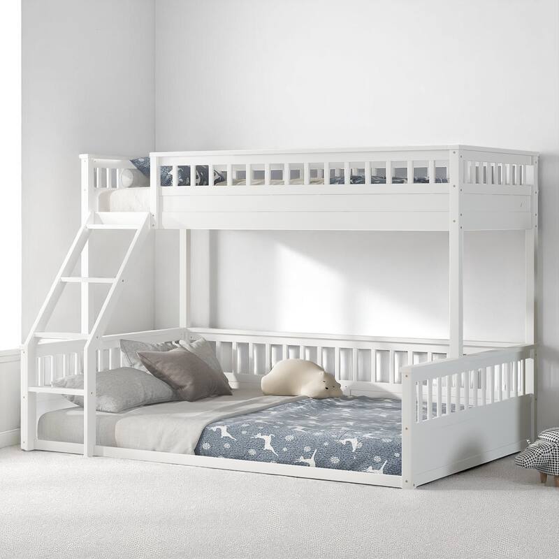 Convertible Twin XL Over Queen Size Bunk Bed with Safety Rails, Ladder and Wood Slats, No Box Spring Needed