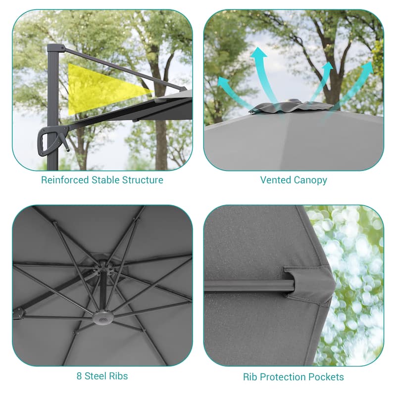 BONOSUKI 10FT Cantilever Patio Umbrella, Ultimate Outdoor Comfort with 360° Rotation and Canopy Angle Adjustment