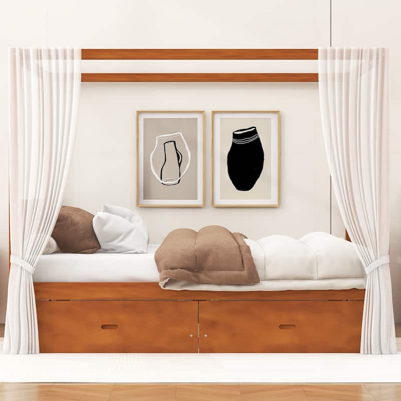 Wooden Canopy Bed Frame with Storage Drawers, Modern Poster Bed, Available in Queen or King