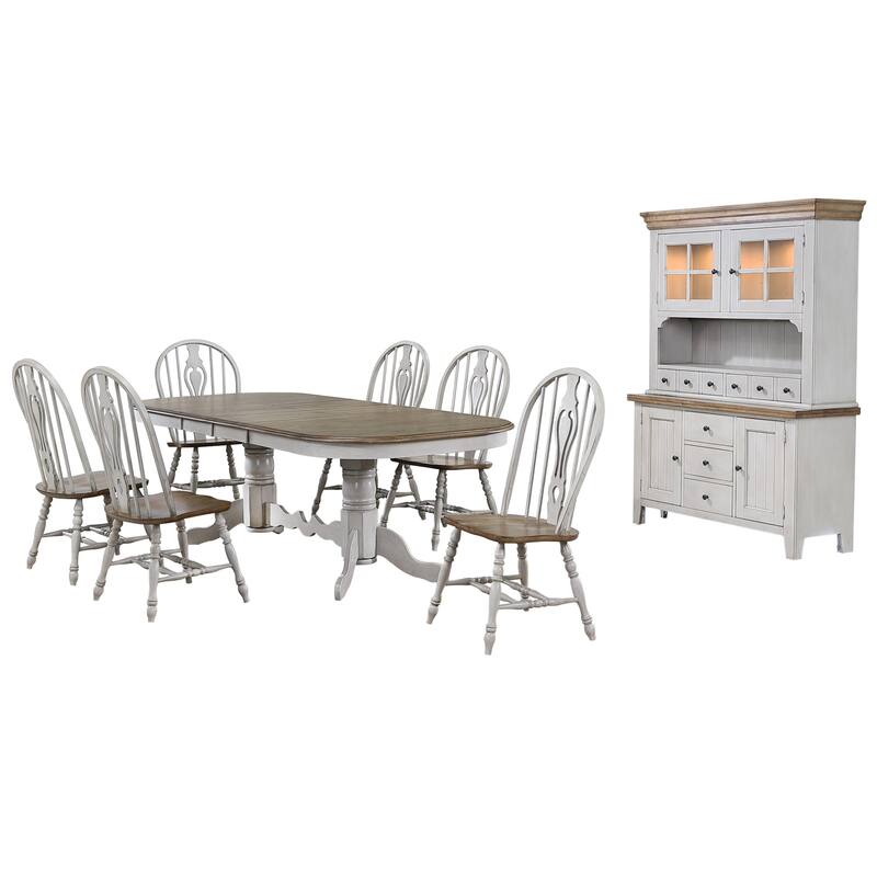 Extendable Dining Table Set - 8 Seater Oval Table with China Cabinet - Gray & Brown Wood Finish