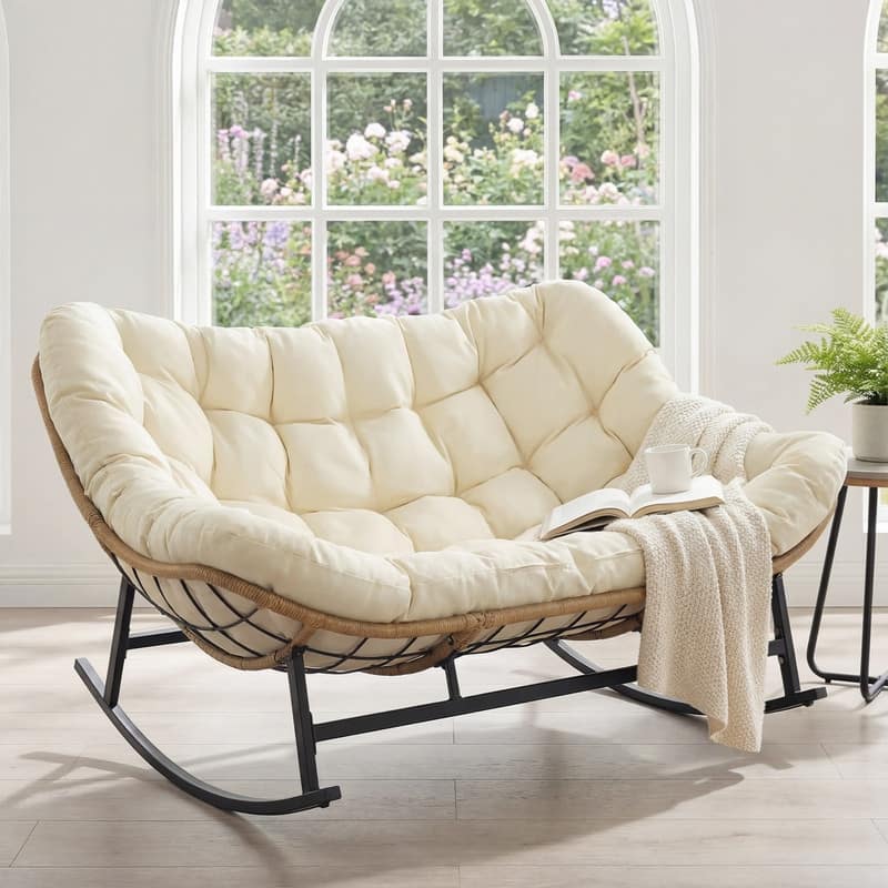 FINCATI Double Papasan Rocking Chair Outdoor Indoor, 700 lbs Heavy-Duty Double Wide Rocking Chair with 5.1 Inch Thick Cushion - 1 PC-Beige