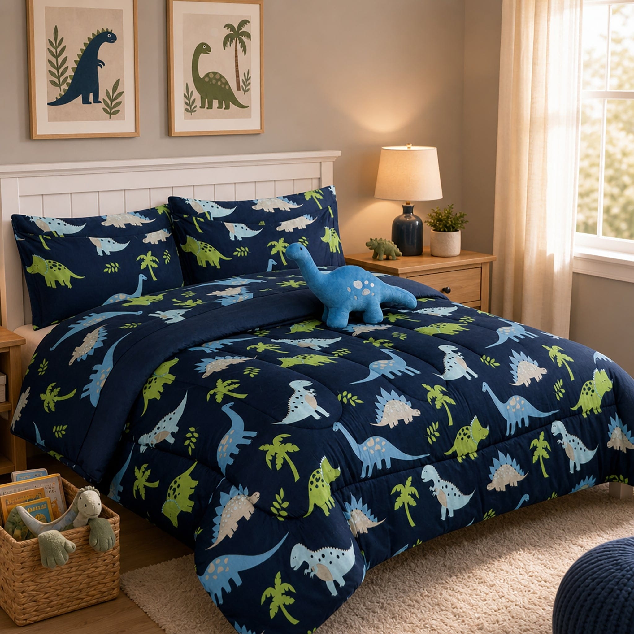 Twin Size 6 Piece Blue Dinosaur Comforter Bedding Set