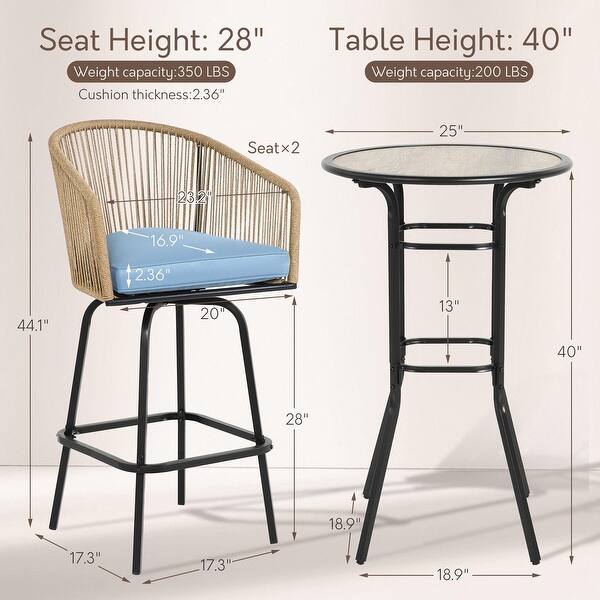 HOMEFUN 3-Piece Outdoor Patio 360°Swivel All Weather Rattan Bar Stools ...