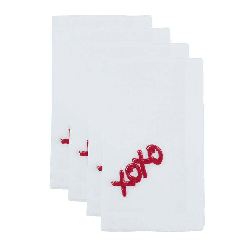 Embroidered XOXO Cotton-Look Napkins (Set of 4) - Handwritten Love Motif for Romantic Tables, 20"x20"