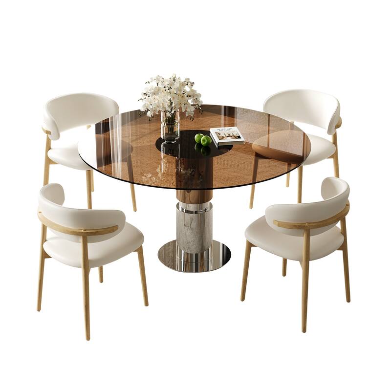 5 Piece Round Dining Table Set Tempered Glass Top Stainless Steel Base 4 Chairs