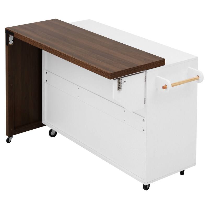 102.3" Kitchen Island with Extendable Table, Kitchen Rolling Island Cart with Trash Storage Cabinet, 3-Tier Pull-Out Spice Rack