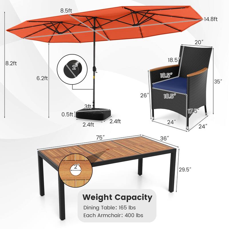 Gymax 11 PCS Patio Dining Set w/ 15ft Double-Sided Patio Umbrella