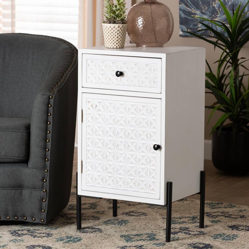 Nefeli Mid-Century Transitional White Finished Wood and Black Metal 1-Drawer Storage Cabinet