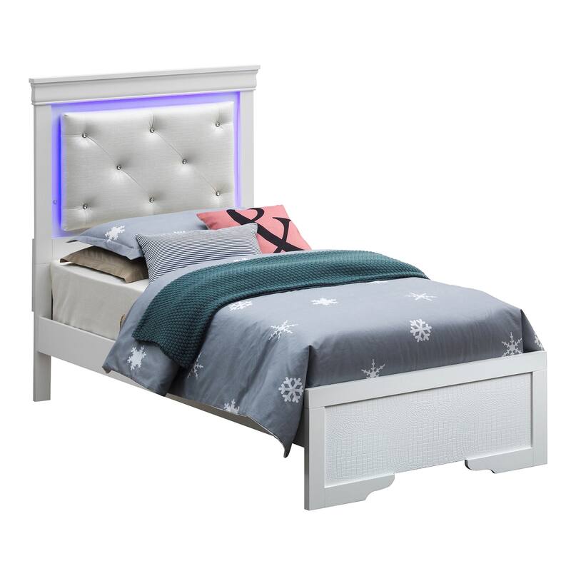 Champagne Twin Bed with Jeweled Tufted Headboard & Accent Lighting - Bedroom Furniture