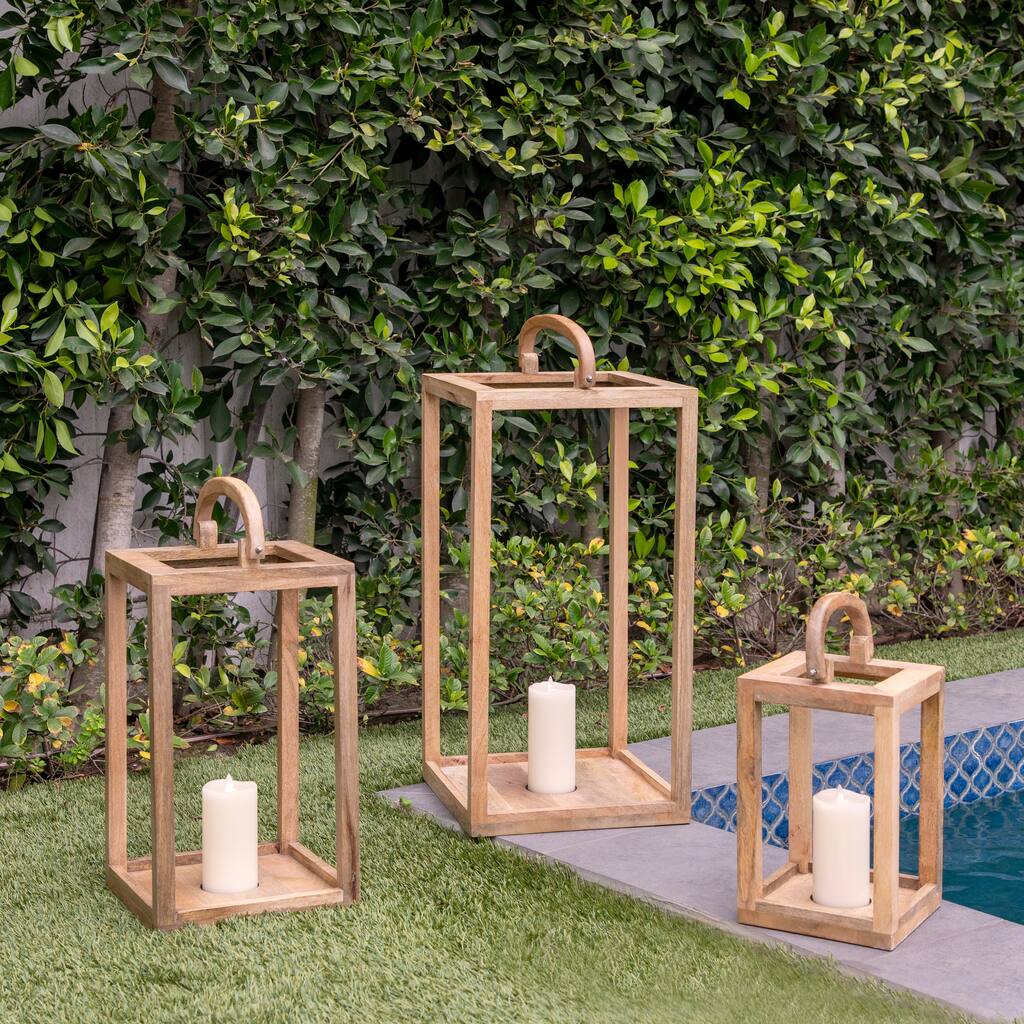 Wood, Set of 3 17, 23, 31"h Open Lanterns, Natural 29.0"H - 14.0" x 14.0" x 29.0"