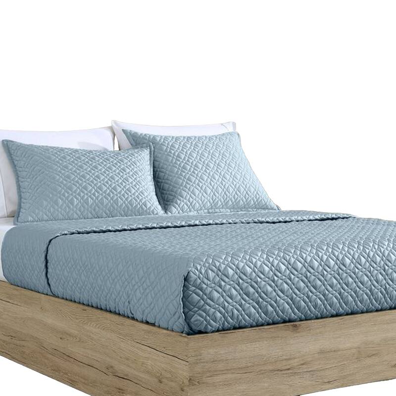 Keo 3pc King Coverlet Set, Reversible, Shams Sky Blue Silky Fabric