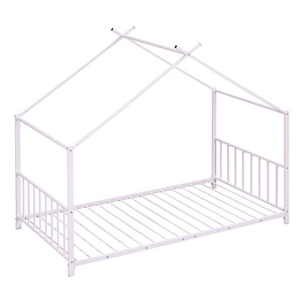 slide 2 of 7, Twin Size Metal House Platform Bed with Solid Metal Legs, Pink Pink - Twin