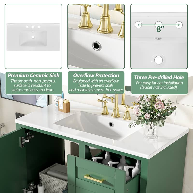 36" Bathroom Vanity with Ceramic Sink, Solid Pine Frame, Soft-Close Door & 3 Drawers - Modern Freestanding Cabinet