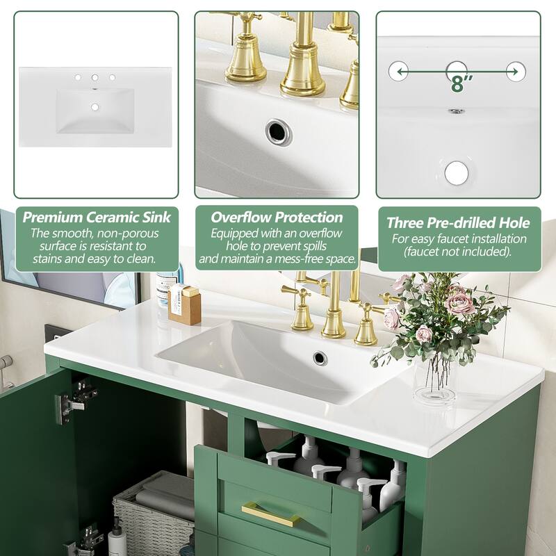 36" Bathroom Vanity with Solid Pine Frame, 1 Soft Close Door and 3 Drawers, Modern Storage Cabinet