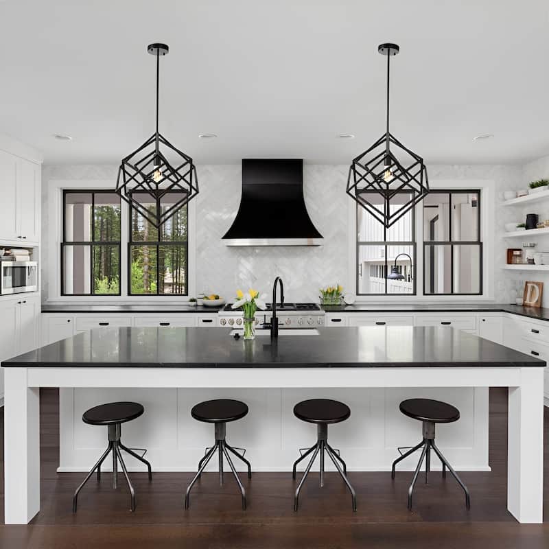 1 Light 20 inch Geometric Black Pendant Lamp Multifaceted Open Cage Frame