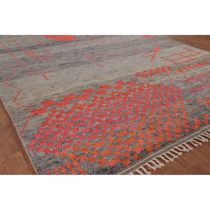 Moroccan Oriental Area Rug Hand-Knotted Grey Wool Carpet - 8'0" x 10'7"