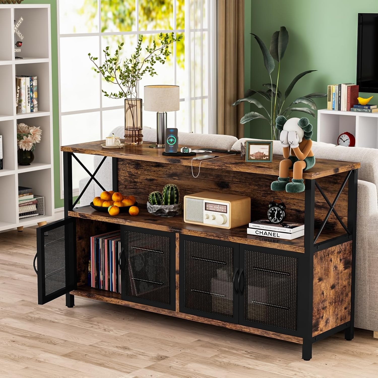 Retro Sideboard with Power Outlet & USB, Wood Farmhouse Coffee Bar Cabinet with Storage for Kitchen, Dining Room, Living Room