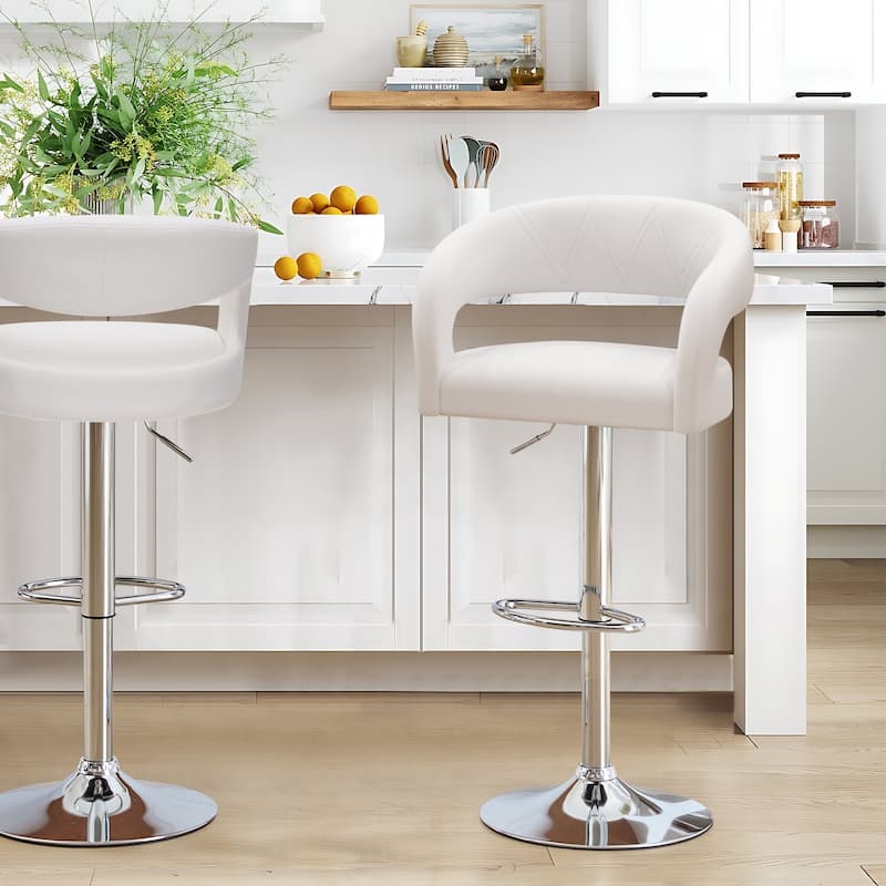 VECELO Set of 2 Rounded Mid-Back Swivel Bar Stools with Adjustable Height 360° Rotation 16" Base with Footrest - White