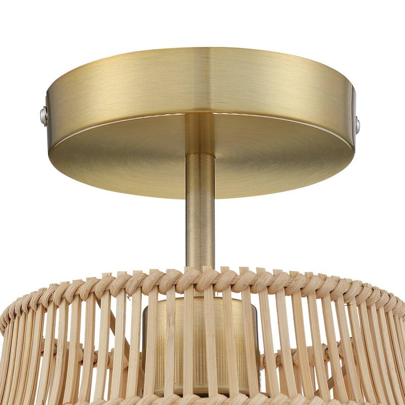 1-Light Bohemian Rattan Semi-Flush Mount Ceiling Light - D12"x H11.3" - Brass/Wheat - 12 in. W