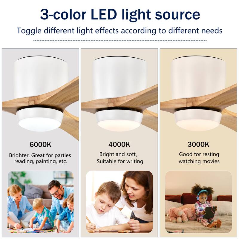 52 inch Flush Mount Ceiling Fan with Lights and Remote, Solid Wood Low Profile Ceiling Fan with 6 Speed Reversible DC Motor