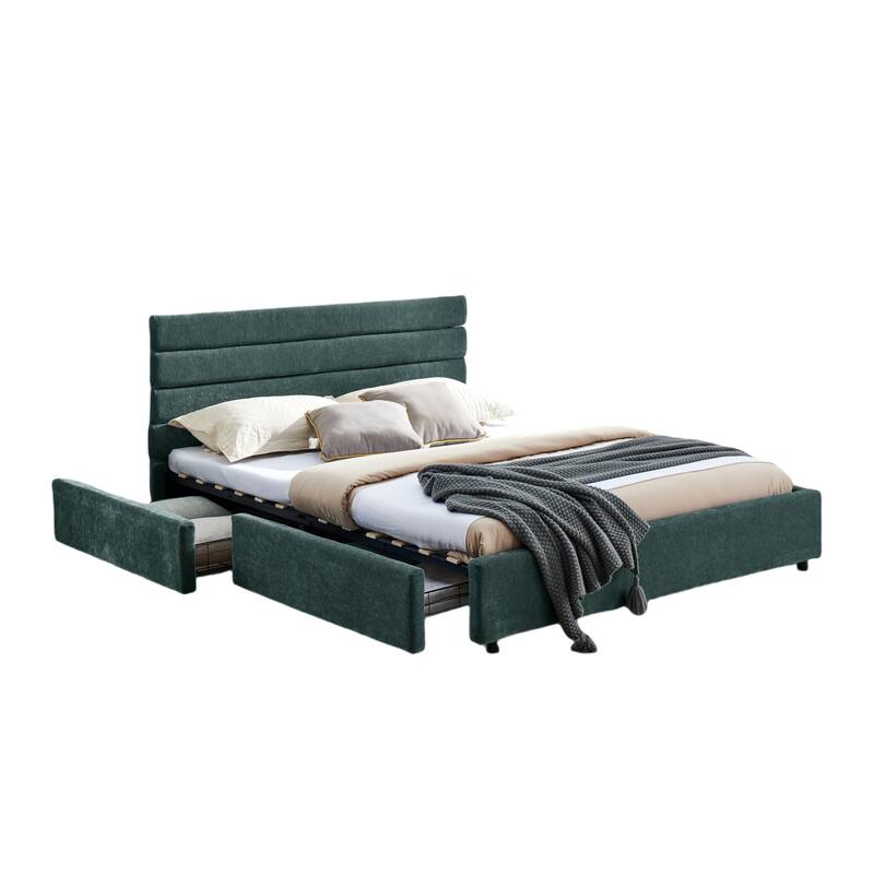 Queen Size Modern Upholstered Bed Frame with Headboard and Drawers