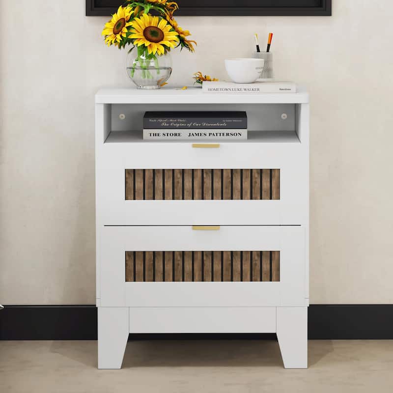2-Drawer Farmhouse Wooden Nightstand with Wooden Strip Decoration and Metal Handle - White