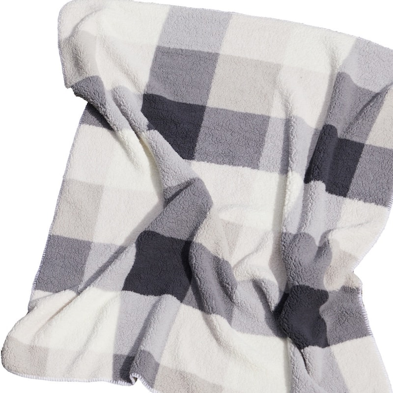 HomeRoots 50" X 60" Gray And Ivory Faux Sherpa Plaid Throw Blanket