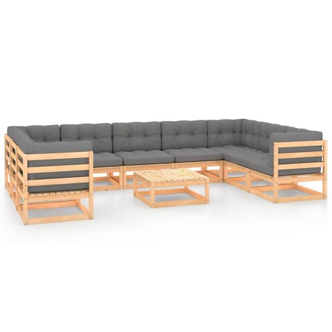 vidaXL 10 Piece Patio Lounge Set with Cushions Solid Pinewood - 27.6" x 27.6" x 26.4"