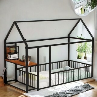 2 Color Metal Twin Size Floor Bed with Desk w/USB Ports, Kids Bed with Storage Shelf