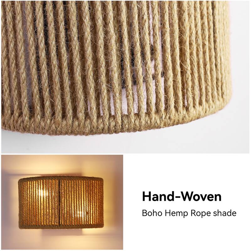 Boho Flush Mount Wall Sconce Rattan Wall Lamp Hemp Rope Sconces - 2-Light