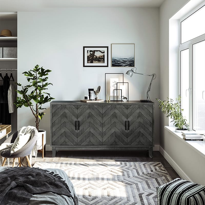 Elegent Lacquered Accent Storage 4 Door Wooden Cabinets - Antique Dark Grey