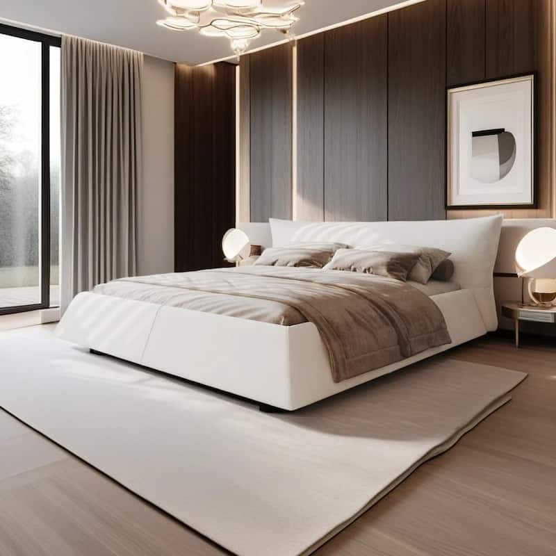 King/Queen Size Velvet Upholstered Platform Bed Frame with Soft Padded Headboard - Cream - King