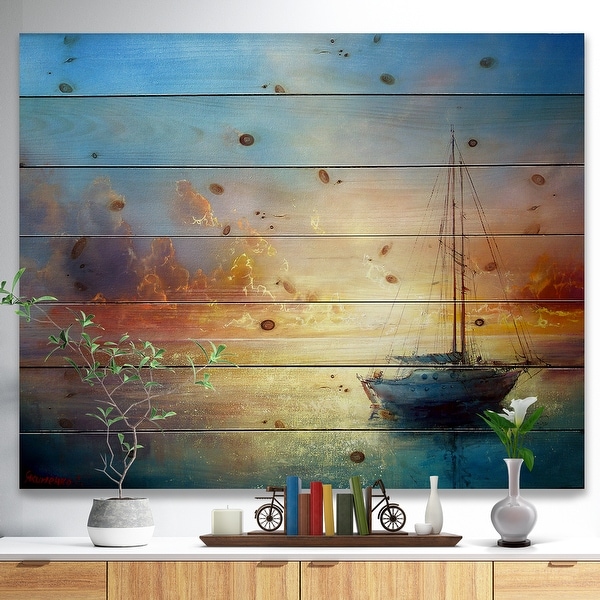 Designart 'Seascape Pier' Seascape Print on Natural Pine Wood - Blue