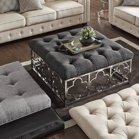 Solene Chrome Quatrefoil Base Square Ottoman Coffee Table by iNSPIRE Q Bold