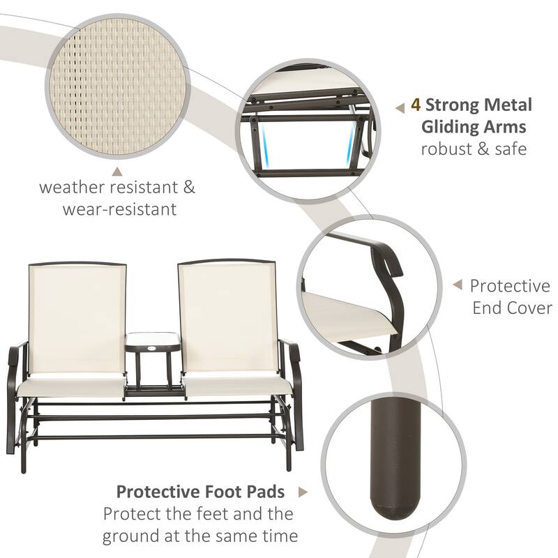 Outdoor Glider Bench with Center Table, Breathable Mesh Fabric