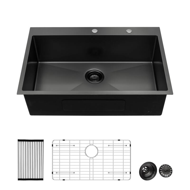 Drop in Kitchen Sink Gunmetal Black Topmount 16 Gauge Deep Single Bowl Stainless Steel Sink Basin