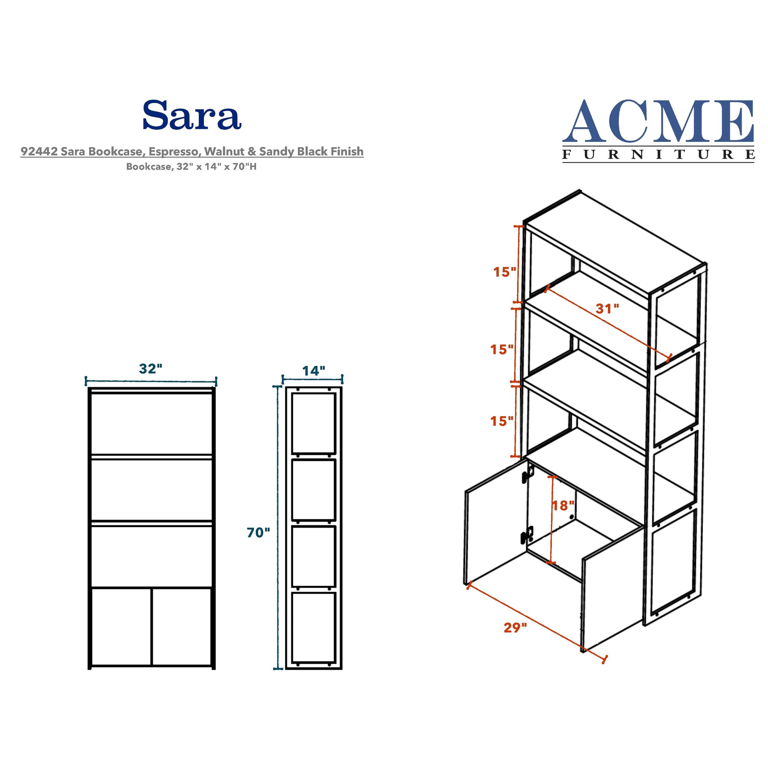 Sara Bookcase with 3 Open Compartments 3 Shelves Two Doors Espresso PU Walnut Sandy Black Bed Bath Beyond 35170345