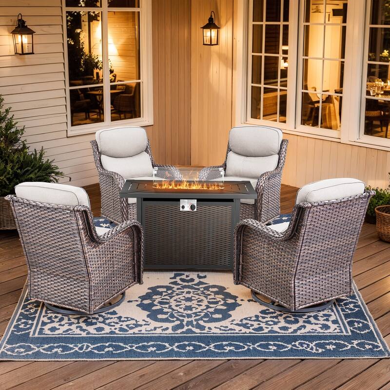 Pocassy Patio Swivel Chairs with 43 inch Fire Pit Table Set - Beige Cushion Brown Wicker - 5-Piece Fire Pit Table w/ Swivel Chair Set
