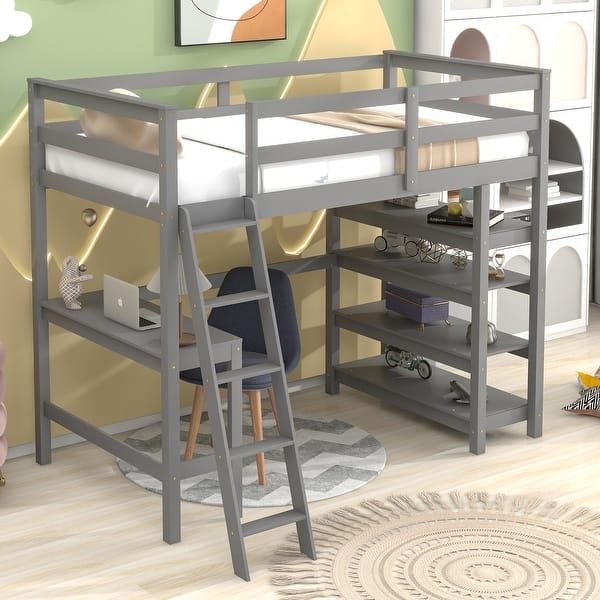 slide 2 of 7, Gray Pine Wood Loft Bed with Desk, Ladder, and Shelves, High Guard Rails Twin - Gray