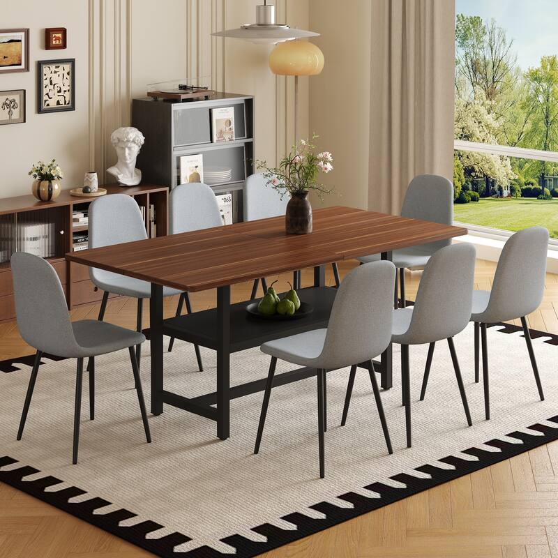 9-Piece Modern Dining Table Set, 71x35.4 Inch Wood Grain Table & 8 Linen-Cotton Dining Chairs