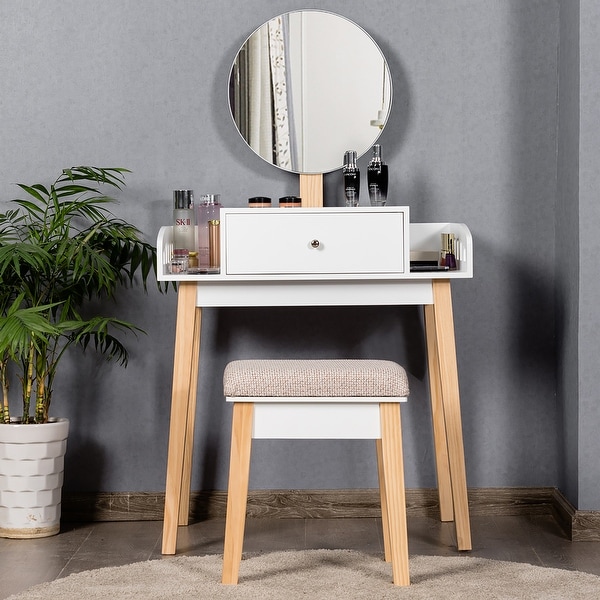 Vanity Table Set with Height Adjustable Round Mirror Bed Bath