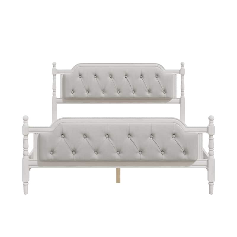 Linen Fabric Upholstered Tufted Headboard Wood Bed Frame