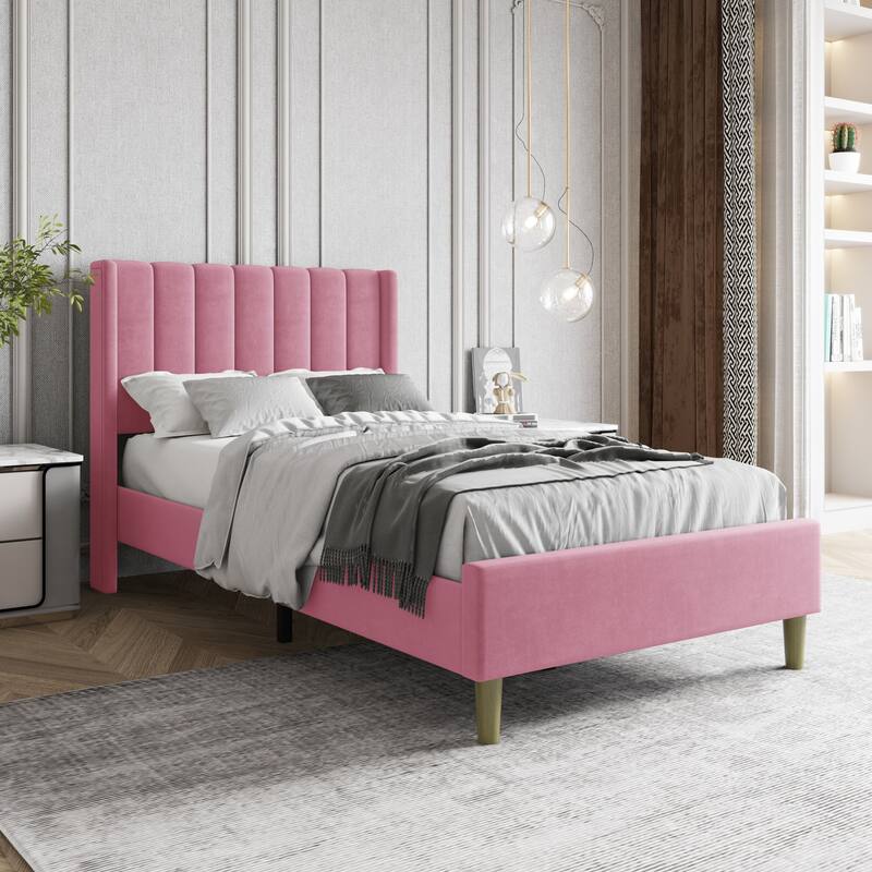 Aufank Bed Frame Upholstered Platform with Wooden Slats, Noise-Free - Pink - Twin