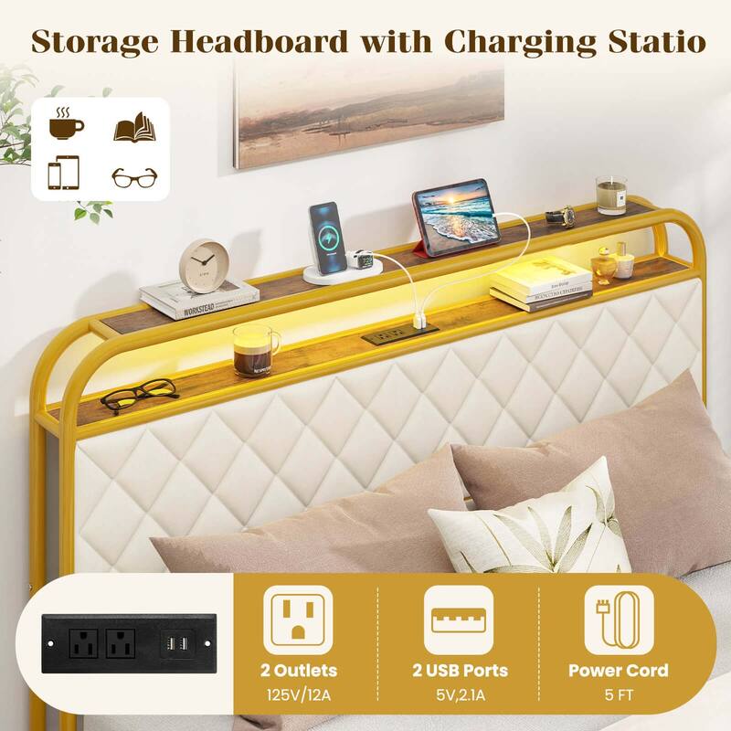 Costway Twin/Full/Queen Size Bed Frame with LED Lights & Charging