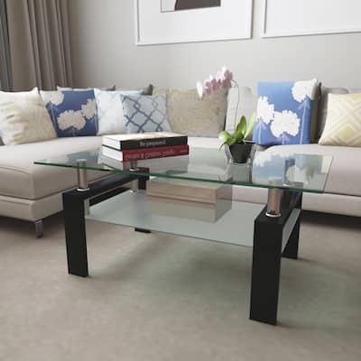 Modern 2-layer Glass Coffee Table with Metal Tube Frame